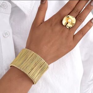 Sculpted Gold Punk Wide Wire Statement Bracelet & Pearl Ring Set